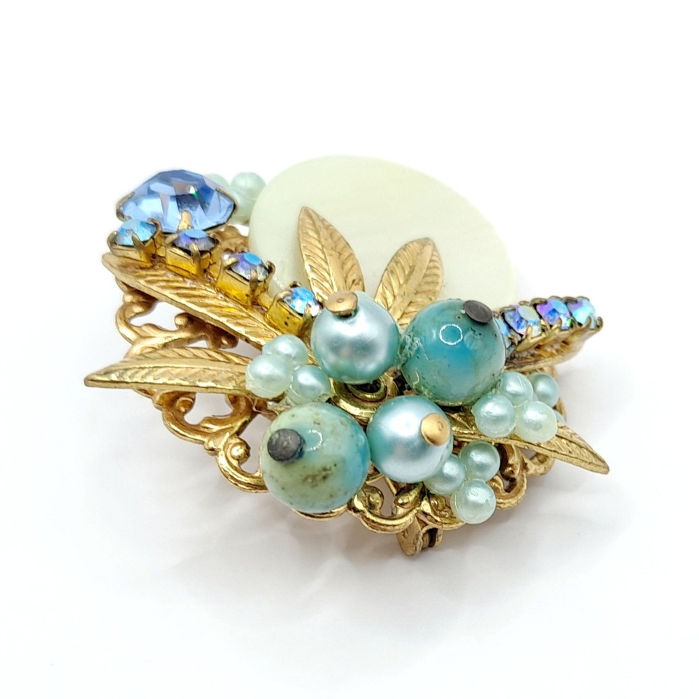 Vintage Blue Rhinestone Brooch Beads Mother of Pearl Disc Layered Leaf Cluster - Picture 7 of 11